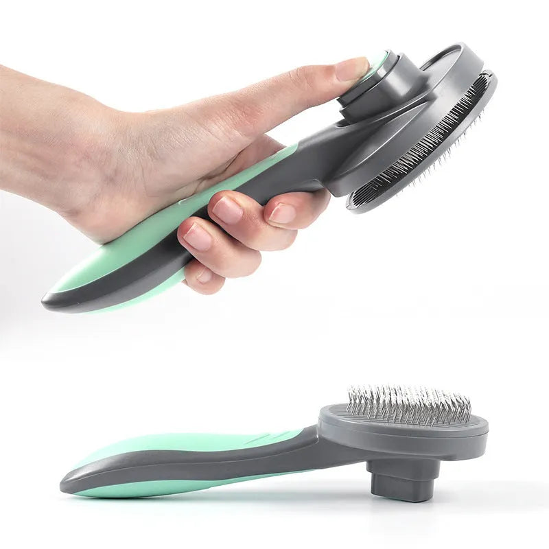 One button dog hair removal comb with stainless steel pins, 19.3cm long, in mint green or gentleman grey