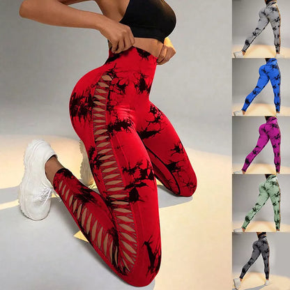 High waist butt lift seamless yoga pants with hollow tie dye print for women