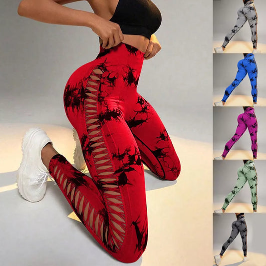 High waist butt lift seamless yoga pants with hollow tie dye print for women