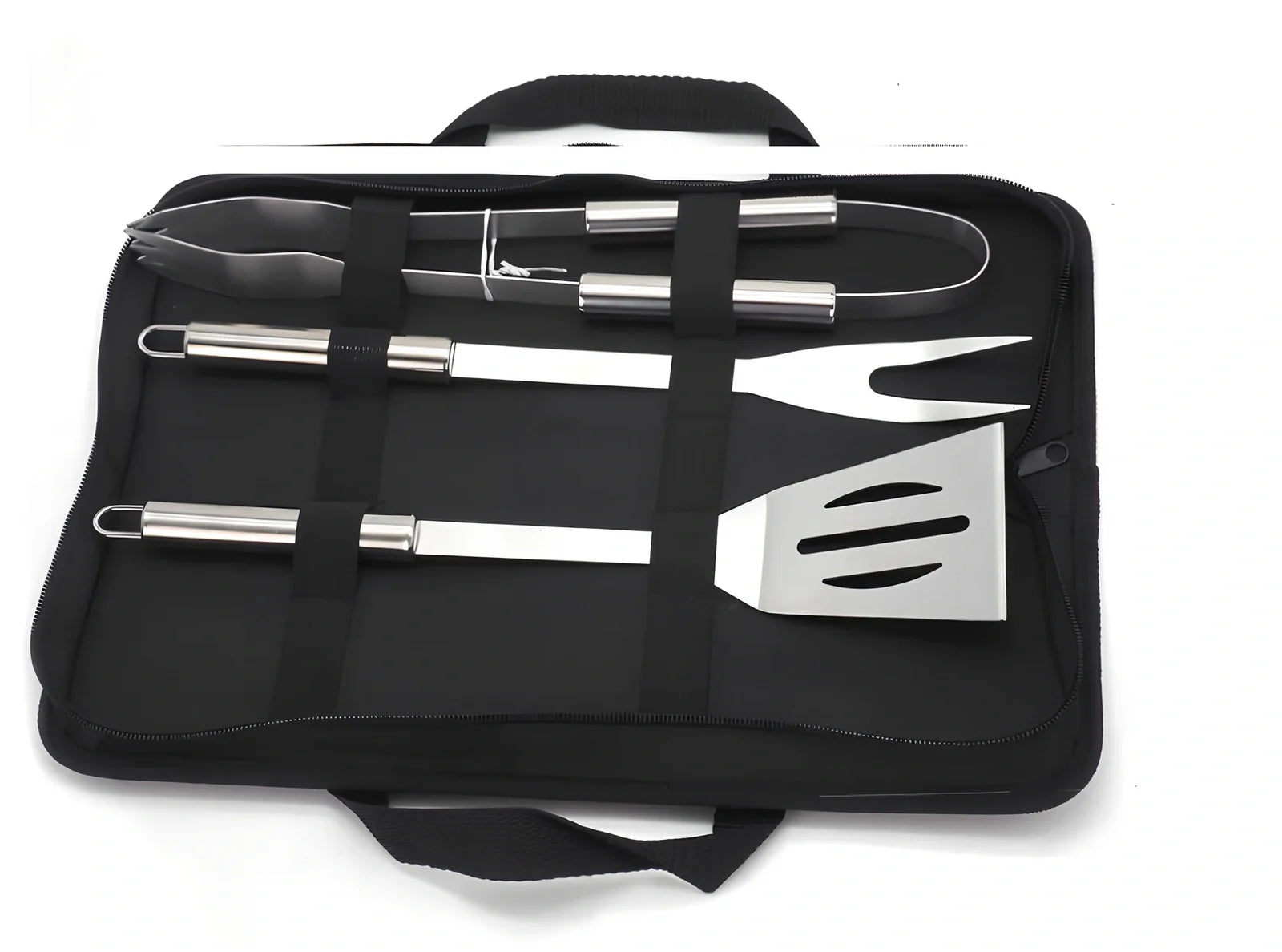 10-piece stainless steel BBQ tool set with shovel, knife, clip, strings, fork, brush in storage bag