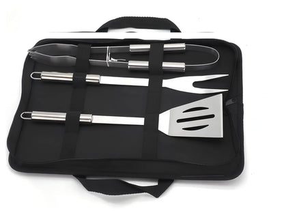 10-piece stainless steel BBQ tool set with shovel, knife, clip, strings, fork, brush in storage bag