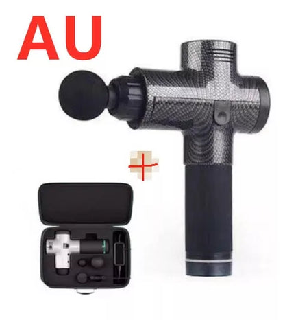 Relax Tissue Deep Muscle Massage Gun with 4 interchangeable heads on a white background