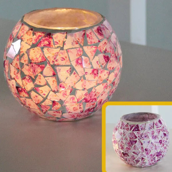 Mosaic glass candle holder in vibrant colors with elegant mosaic pattern