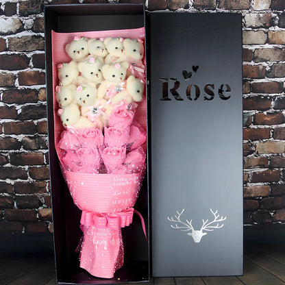 Handmade plush toy bouquet with 11 cartoon bears and chiffon roses in presentation box