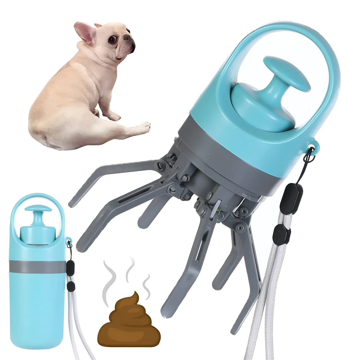 Blue portable plastic dog pooper scooper with eight-claw shovel and built-in bag dispenser