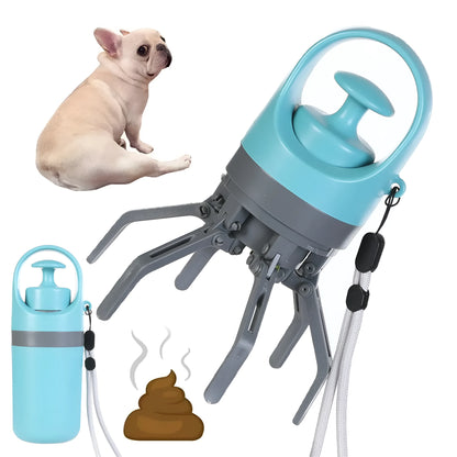 Blue portable plastic dog pooper scooper with eight-claw shovel and built-in bag dispenser