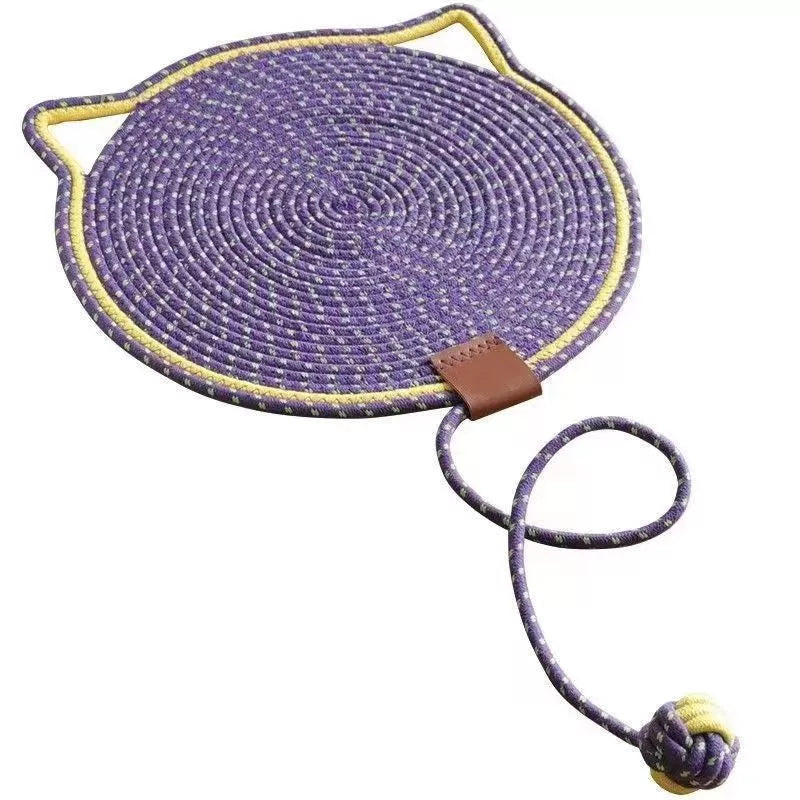 Braided cotton rope cat claw mat with integrated toy ball in various colors