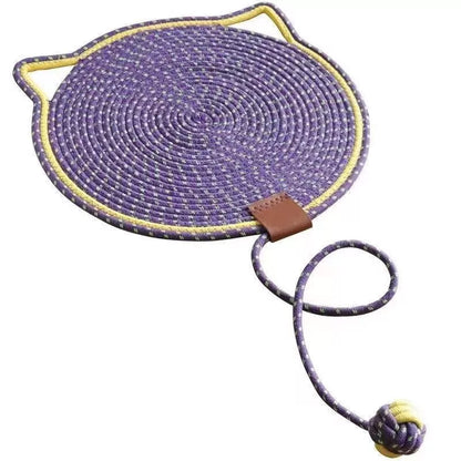Braided cotton rope cat claw mat with integrated toy ball in various colors