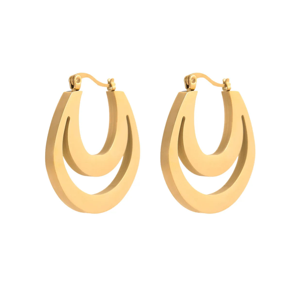 Geometric metallic French earrings in gold or steel colours with round ring design elements