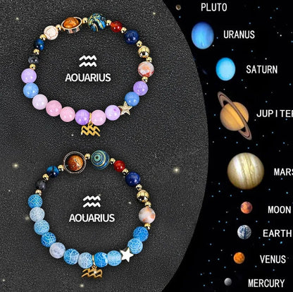 Twelve zodiac sign beaded bracelet set with natural stone beads and adjustable clasp