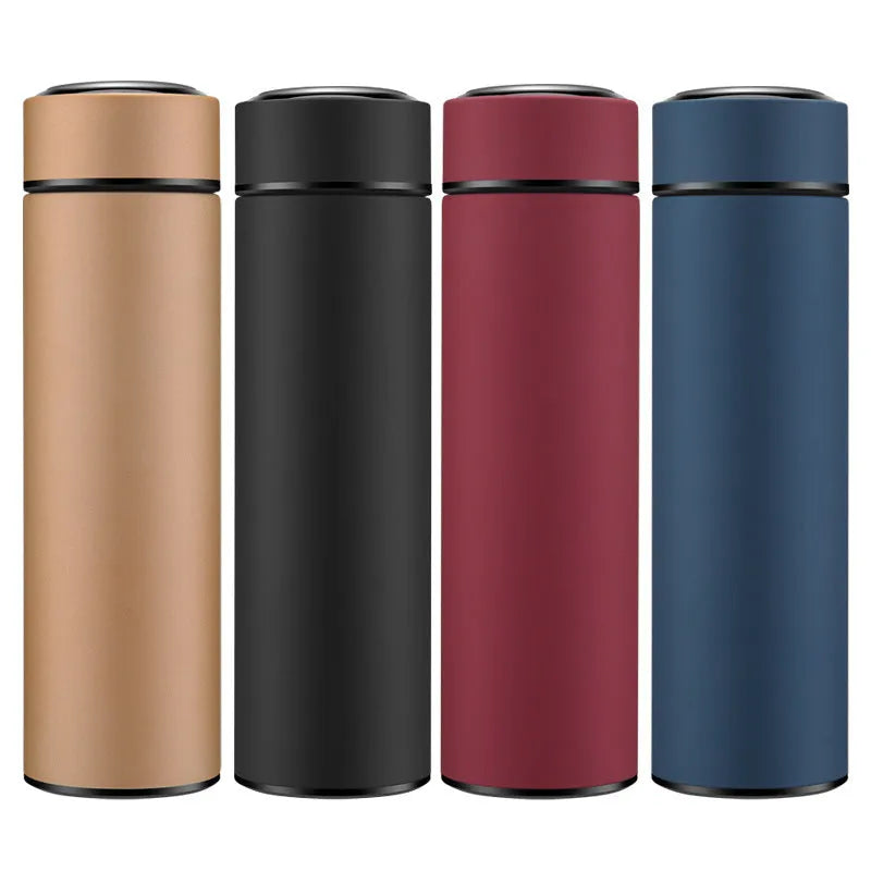Stainless steel water bottle with double-wall vacuum insulation, shown in black, red, gold, and blue colour options.