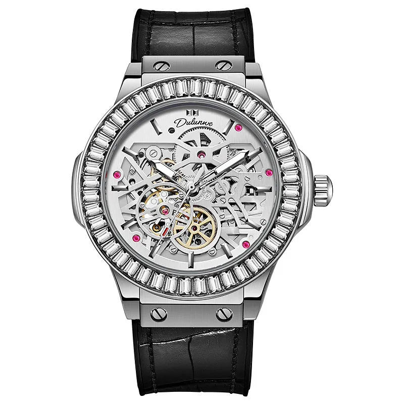 Automatic mechanical men's watch with white shell casing, 16mm thickness, hollow movement visible through dial, diamond studs, business style design