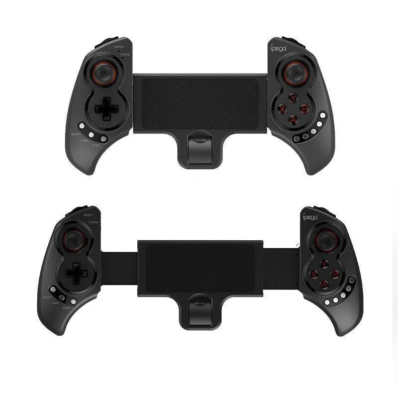 Wireless telescopic game controller extended with a phone inserted, showing buttons and USB port.