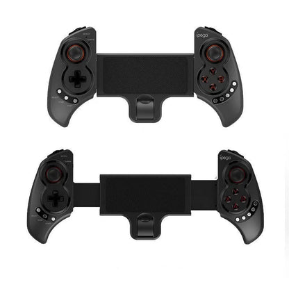 Wireless telescopic game controller extended with a phone inserted, showing buttons and USB port.
