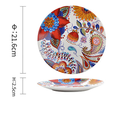 Underglaze ceramic bowl with Bohemian floral pattern in blue mandarin duck design, 8 inch diameter