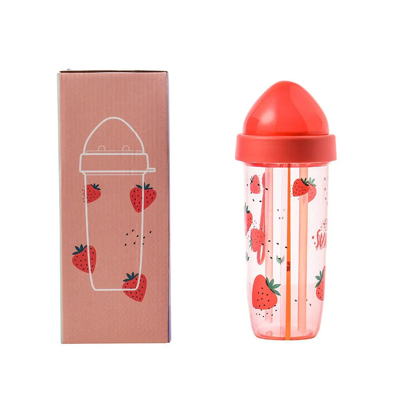 Double straw cup with leak-proof design for couples, available in pineapple, strawberry, and watermelon patterns.