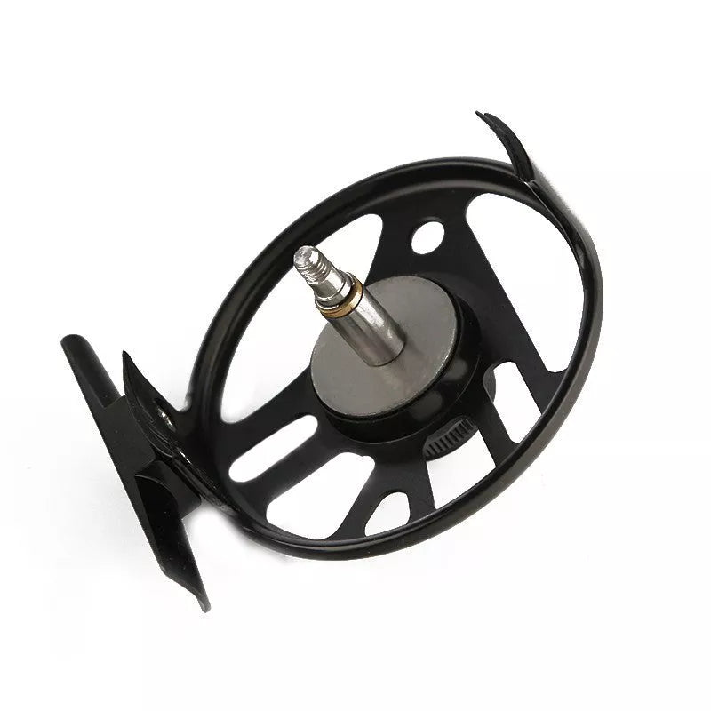 Fly fishing wheel with aluminum coil in blue, black, or green for precision casting