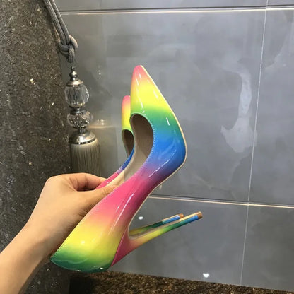 Rainbow patent leather high heels with thin 10cm or 12cm heels and pointed toe, available in sizes 35 to 42