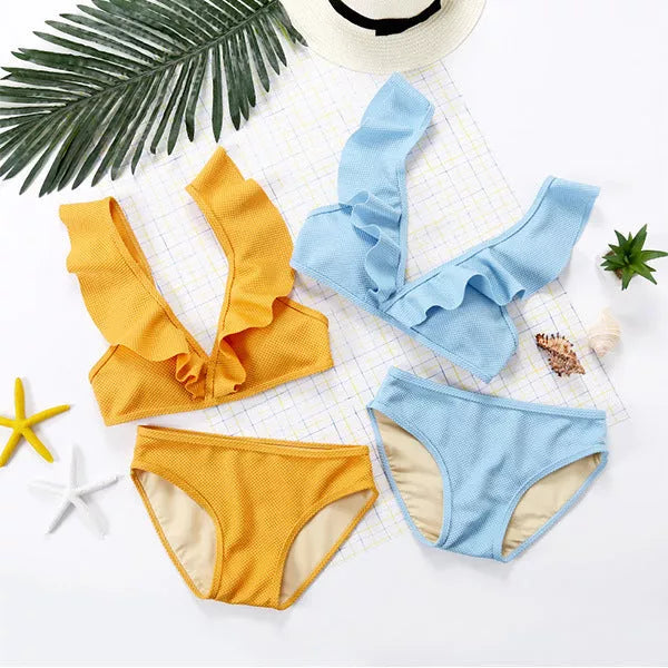 Ladies V-Neck Bikini Two Piece Set in blue and yellow, sizes M to XL