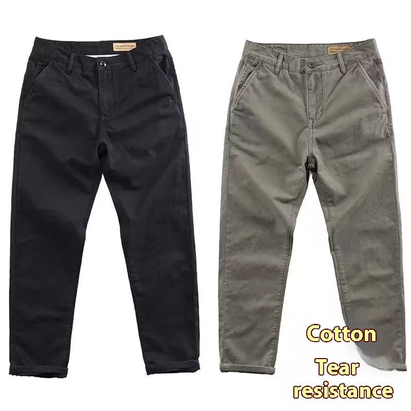 Men's slim fit casual trousers in cotton-polyester blend with straight leg, shown in multiple colour options.