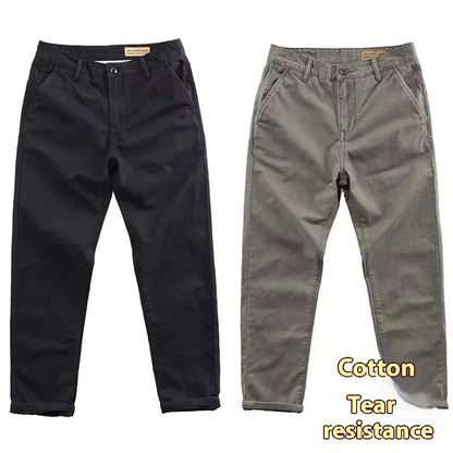 Men's slim fit casual trousers in cotton-polyester blend with straight leg, shown in multiple colour options.
