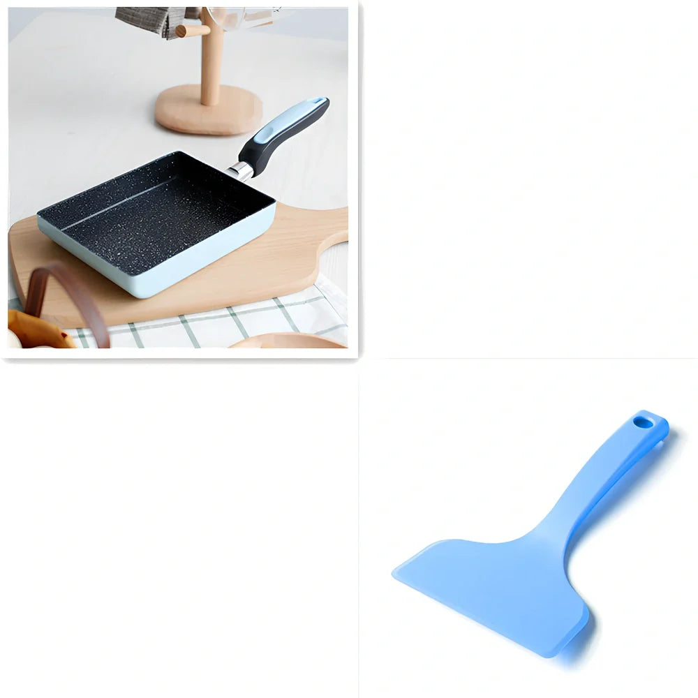 Square non-stick frying pan in blue colour showing 13×18cm dimensions and 3.5cm depth