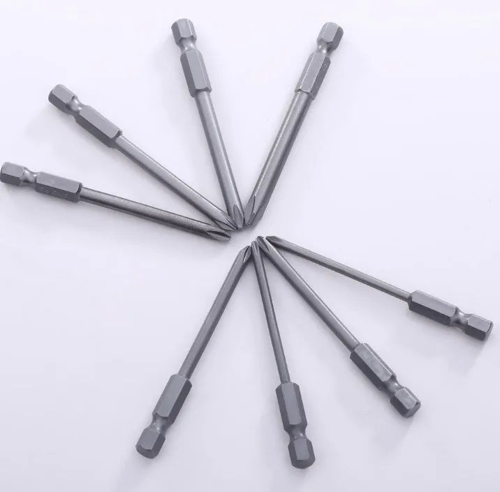 Set of eight long 75mm magnetic Phillips screwdriver bits with hex shanks on a white background.