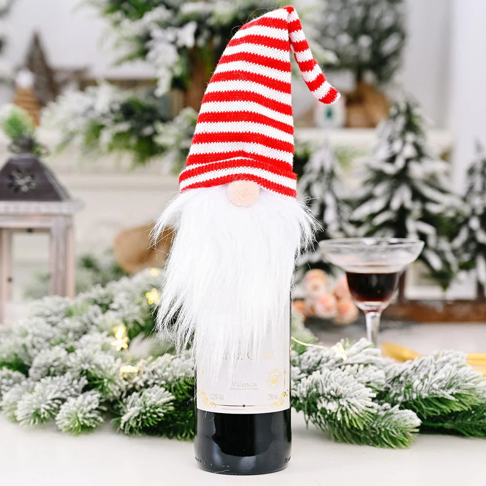 Festive Christmas wine bottle socks in vibrant colors, perfect for holiday decor