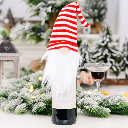 Festive Christmas wine bottle socks in vibrant colors, perfect for holiday decor