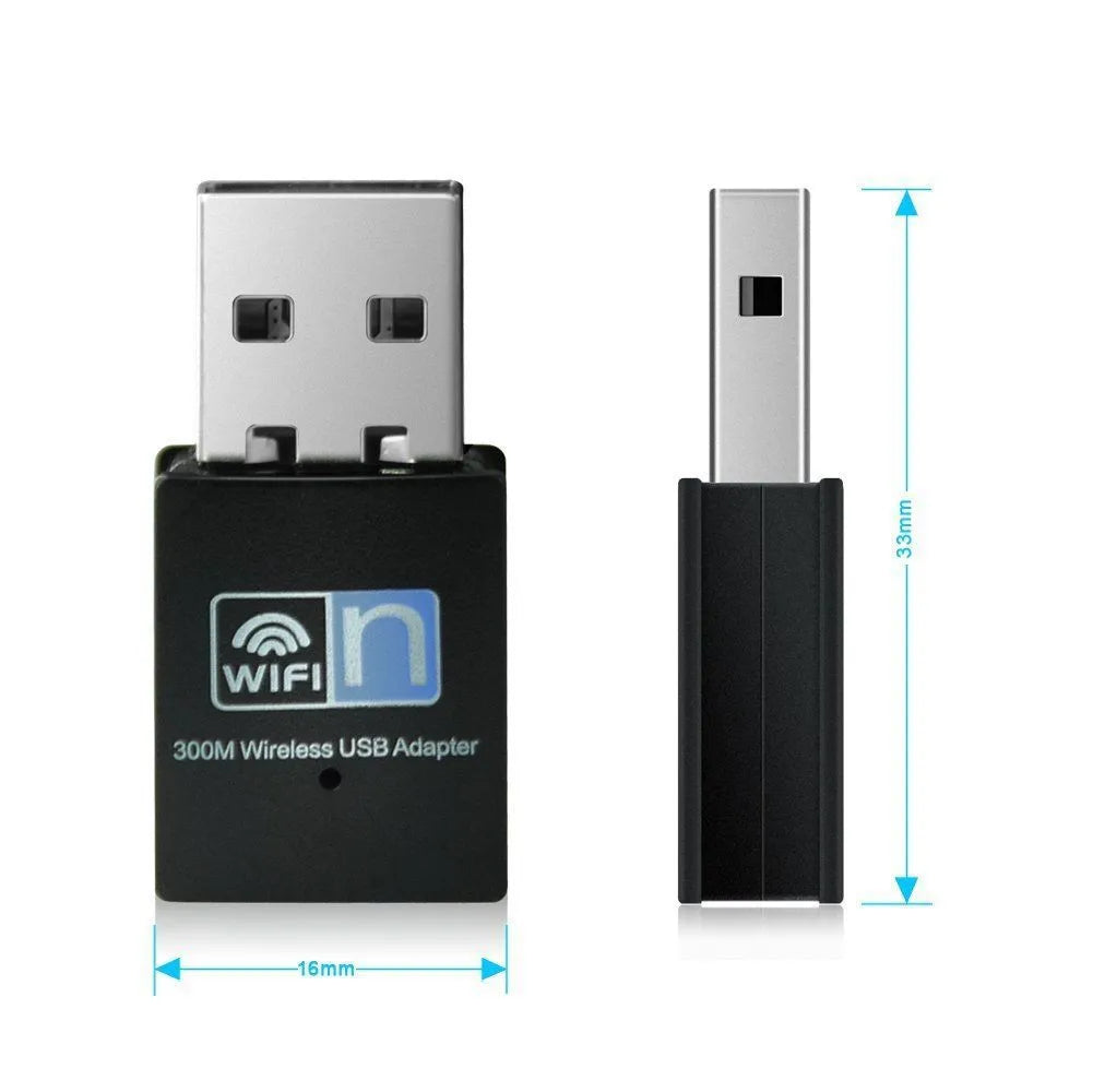 Mini USB WiFi receiver 300M network card with RTL8192EU chip, black plastic and metal, 3.3 x 1.5 x 0.7cm
