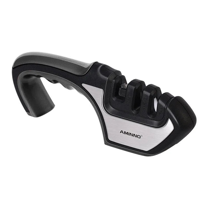 Black and cyan four-in-one kitchen knife sharpener with multiple sharpening rods on display