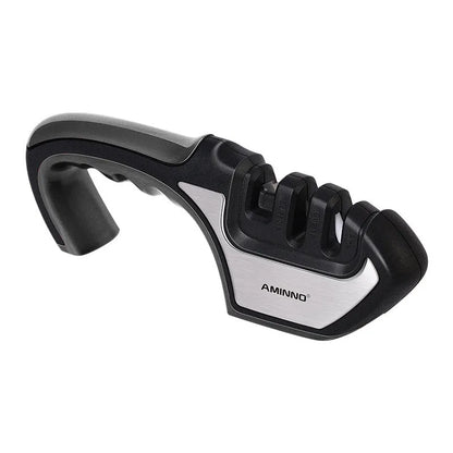 Black and cyan four-in-one kitchen knife sharpener with multiple sharpening rods on display