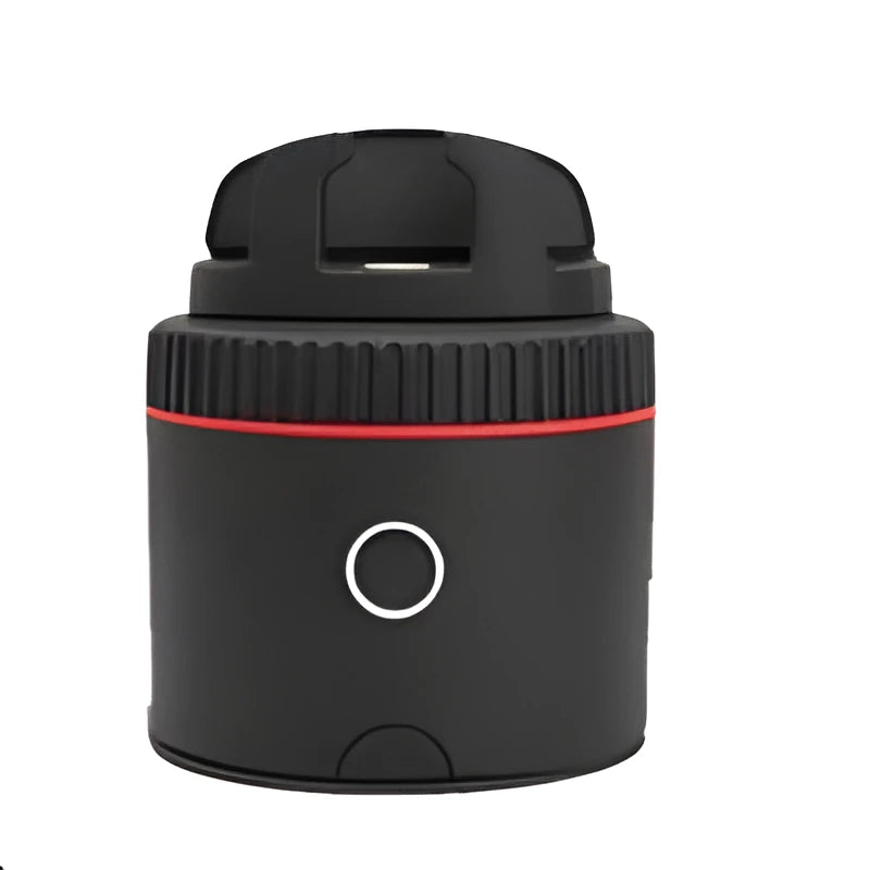 Black PIVO facial tracking camera with a smartphone mounted on its 360-degree rotating base.