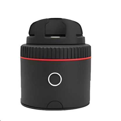 Black PIVO facial tracking camera with a smartphone mounted on its 360-degree rotating base.