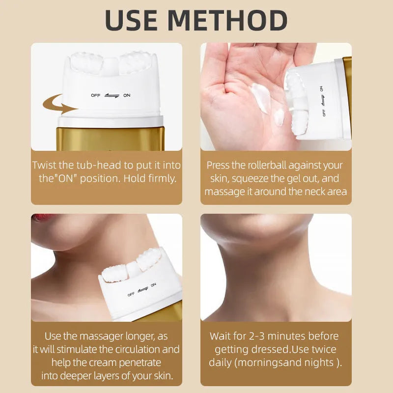 Neck moisturising cream tube with a massage roller applicator for dry skin care.