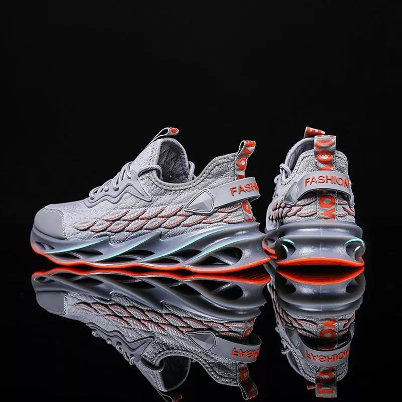 Breathable mesh running shoes with thick rubber sole in black and red or grey and orange