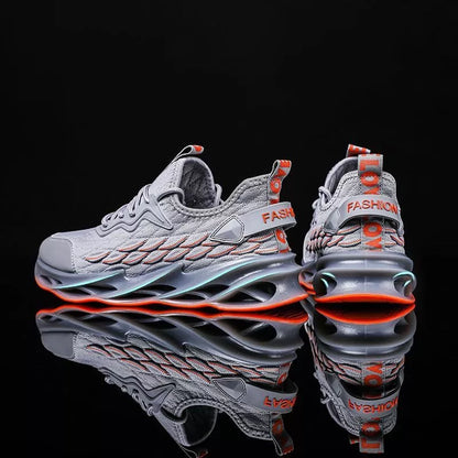 Breathable mesh running shoes with thick rubber sole in black and red or grey and orange