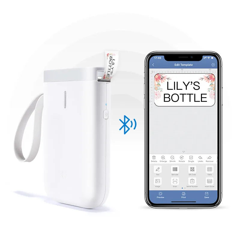 D11 Bluetooth thermal label printer in black, showing compact design and smartphone app connection