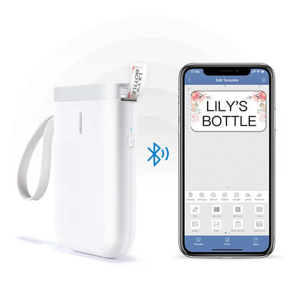 D11 Bluetooth thermal label printer in black, showing compact design and smartphone app connection