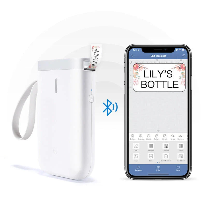 Compact, Bluetooth-enabled thermal label printer with high-resolution output and versatile label compatibility for home and office use
