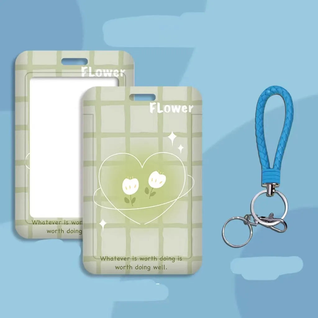 Student ID card set with plastic sleeve and neck strap in cartoon designs