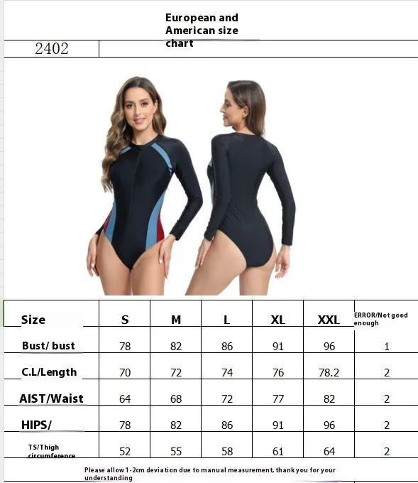 Blue and red women's one-piece training swimsuit with long sleeves and a front zipper closure