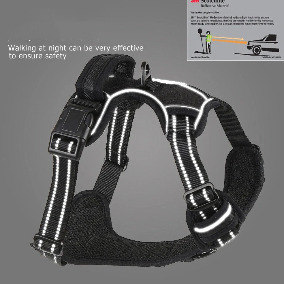 Dog harness with reflective elements and adjustable chest strap in black, red, or fluorescent orange