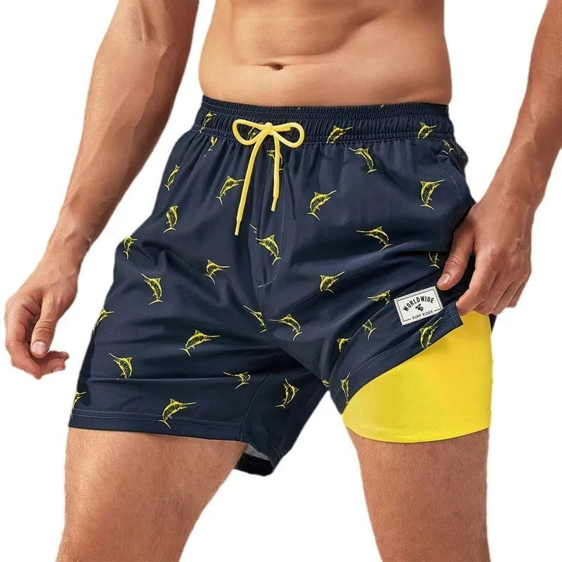 Men's loose quick-drying boxer swimming trunks in spandex fabric with various colour patterns