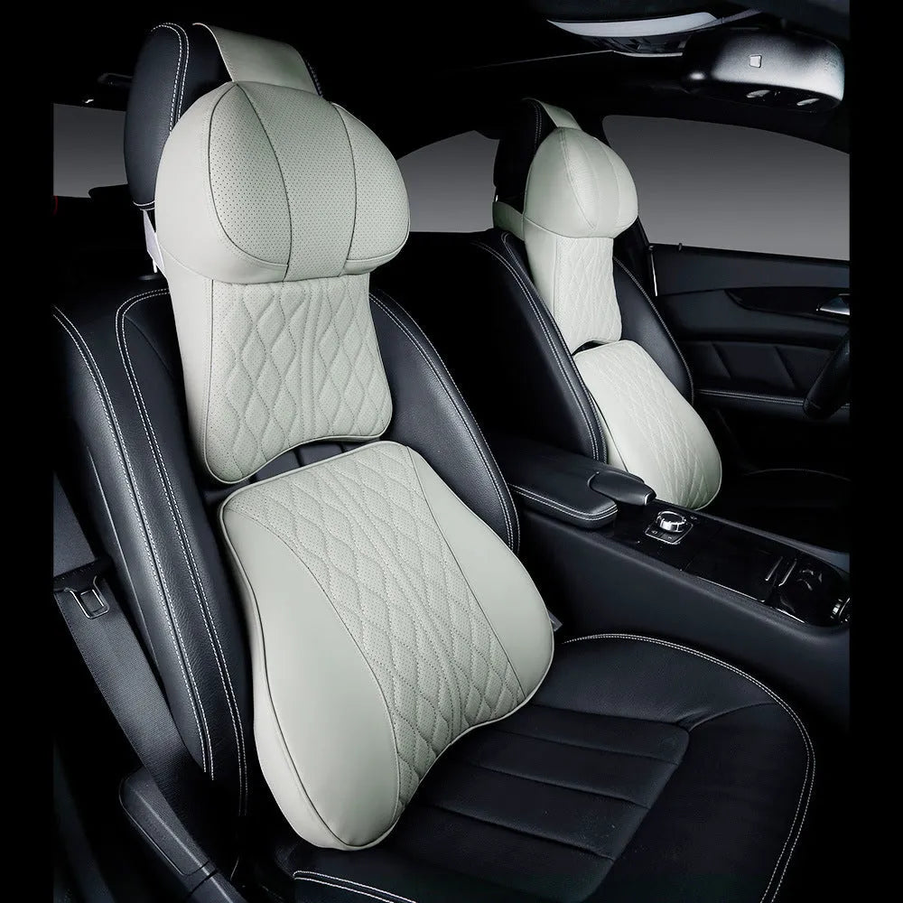 Car neck pillow and lumbar support set in leather-embossed polyester with wavy pattern design