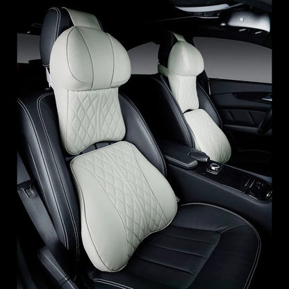 Car neck pillow and lumbar support set in leather-embossed polyester with wavy pattern design
