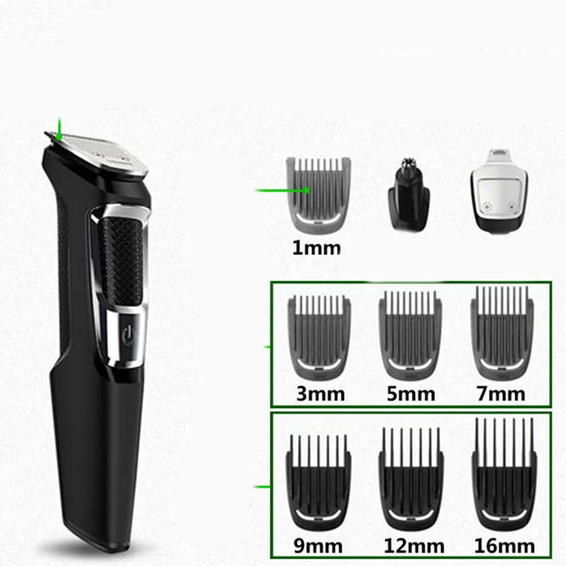 Men's nose hair and beard trimmer with cleaning brush and charging cable on a white background.