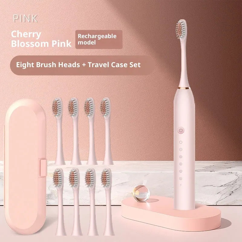 Rechargeable automatic electric toothbrush in X3 Black, Pink or White with 8 brush heads and travel box.