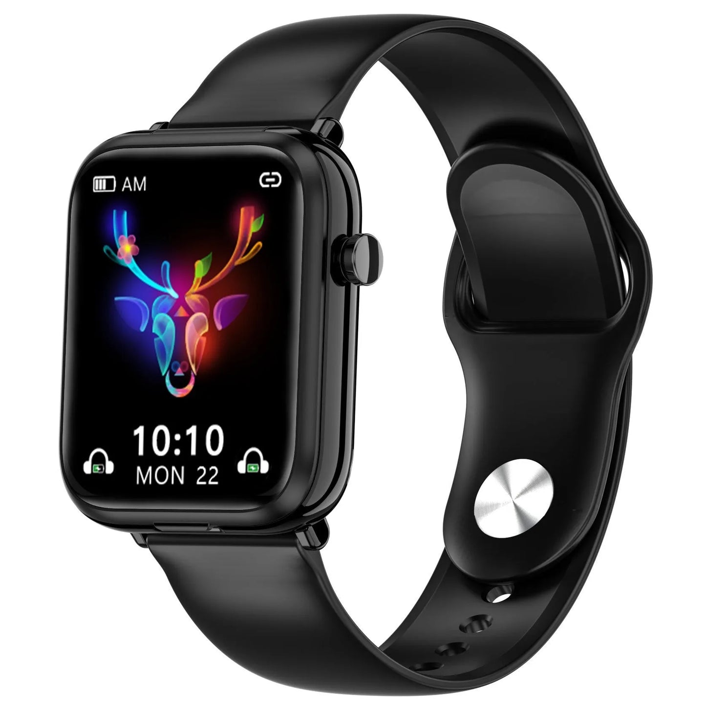 Black smart Bluetooth headset watch with 1.69-inch touch screen showing heart rate and exercise data