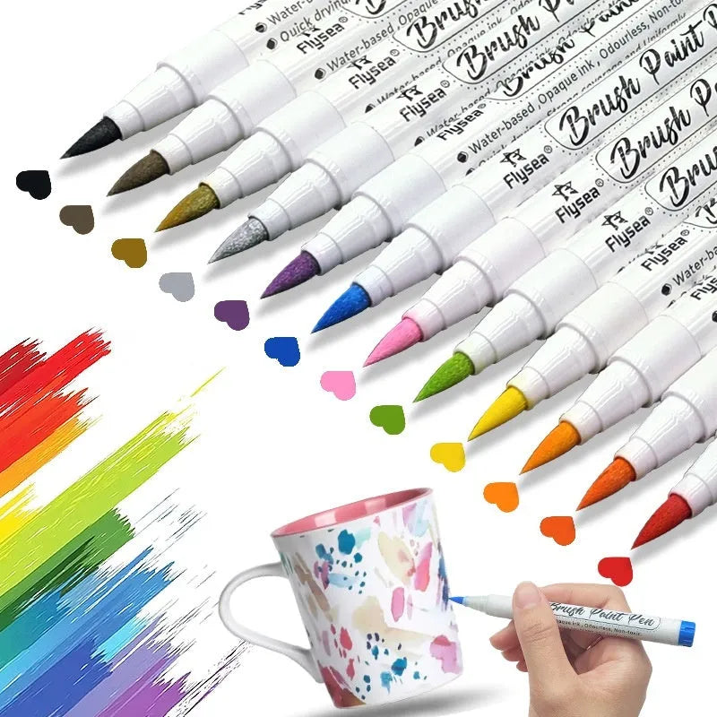 Set of soft-head gouache pens in various colours for hand accounting and card art.